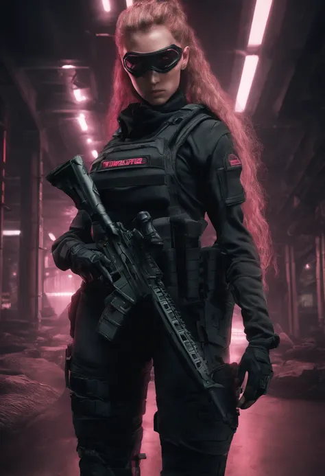 Beautiful Young Special Forces Girl, (((Glowing Eyes, Brown and Pink Hair, Ponytail))), (((Wearing black special forces equipment, Body Armour, Tactical Gear, Half Face Tactical Mask))), (((Sniper in hand))), full bodyshot, Cyberpunk, neonlight, Futuristic...