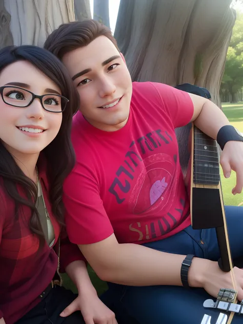 A couple sitting under a tree. Hes playing guitar while she sounded the song.