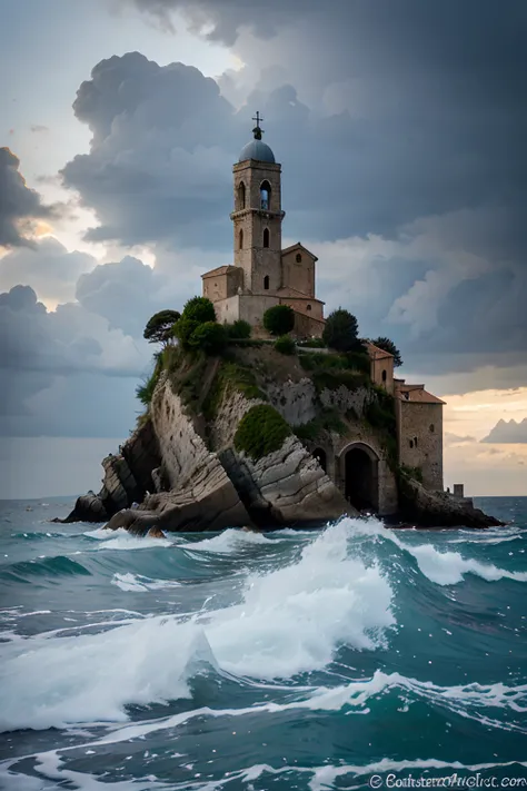 Portovenere, Liguria. There is a church on a rock. The stormy sea raises the waves to the church the sky is dark, the very strong wind and the torrential rain complete the picture.