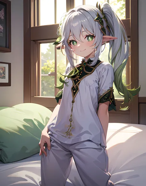 (masterpiece:1.2),(best quality,highres), meticulous shading and highlights, nahidarnd, pajamas, sleep shirt, sleep pants, smile, (upperbody), bed, indoors, (arm behind back)