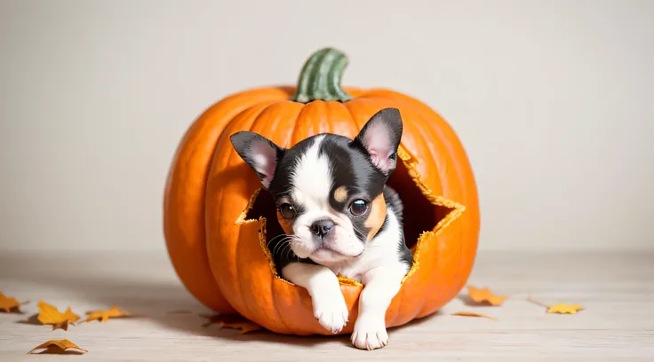 there is a small dog sitting inside of a pumpkin shaped object, french bulldog, pumpkin, in a halloween style, shutterstock contest winner, petite, jack - o- lantern, holding a jack - o - lantern, closeup of an adorable, shutterstock, portrait of small, cu...