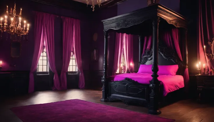 gothic bedroom, four poster bed, violet and hot pink, ultra-realistic, ultra quality, ultra-detailed, front view, cinematic, castle, night, victorian architecture,  indoors, full moon, large gothic fireplace, indoors, candlelight, hdr