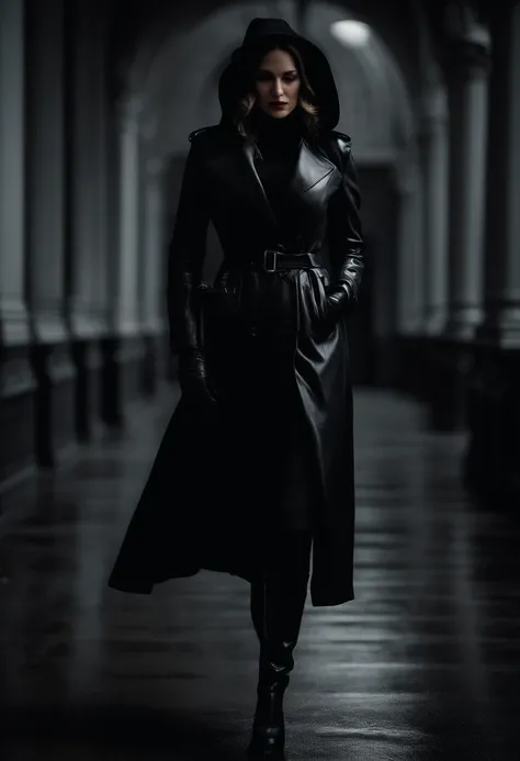 From the neck up, covered with a black veil、Black leather gloves、Black Leather Trench Coat、Mystery Woman in Black Leather Long Boots