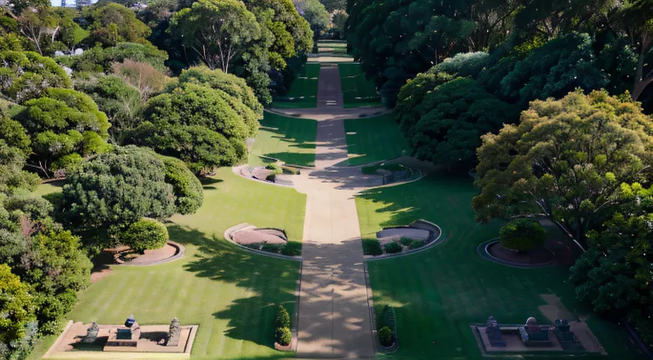 a hyper realistic photography of the an aerial view of the Royal Botanic Gardens in Melbourne, no people, Nikon D850 DSLR 4k camera, 100mm lens, F 1.2 aperture setting, bright and natural lighting, vibrant, fun and relaxing atmosphere