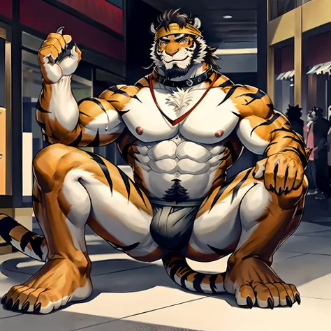 Masterpiece,Best quality,1boys,(Huai_Tianpei),Solo,Muscular male,hi，Its nothing,8K HD,Extreme detail,Detailed background,Masterpiece,Muscular,muscular anthro,aged up,view the viewer,hair-bun,Beard,Sideburns,Claws,Thick eyebrows,Orange body,Facial hair,Tige...