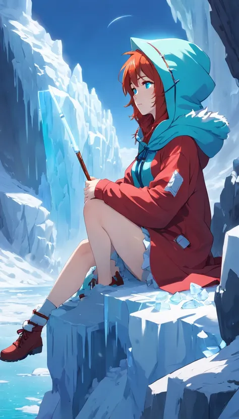 (Cold woman in ice shooter costume sitting on the edge of an ice cliff,Icebow Archer:1.2),(redhead hair: 1.5),(Fluffy Blue Hood,Cyan eyes,cane,Delicate and beautiful face:1.3),Subtle and perfect anatomy,Dynamic poses,Snowy day,Fantasy art,Next to him is a ...