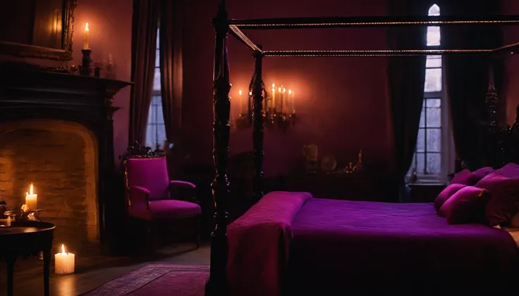 gothic bedroom at night, four poster bed, lots of candles, violet and hot pink, victorian architecture, candlelight,