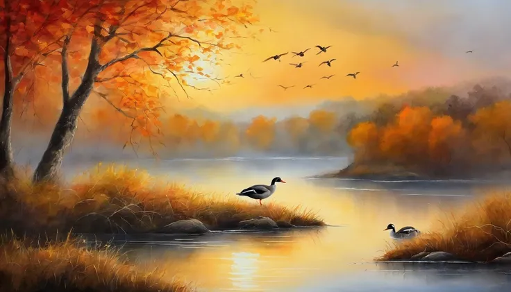 ((Masterpiece)), ((Best quality)), 8K, high detal, Ultra-detailed, evening light ，Simple colors，Chinese landscape painting style，A duck flies in the setting sun，Reflection, Autumn, River, Vast sky, merging, serene, harmonious, Peaceful