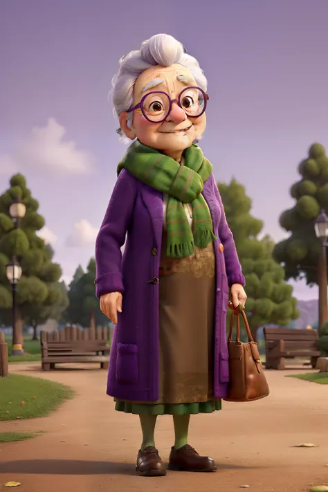 masterpiece, best quality, an old woman with glasses and a scarf on, wearing a purple coat and green scarf, standing at the park