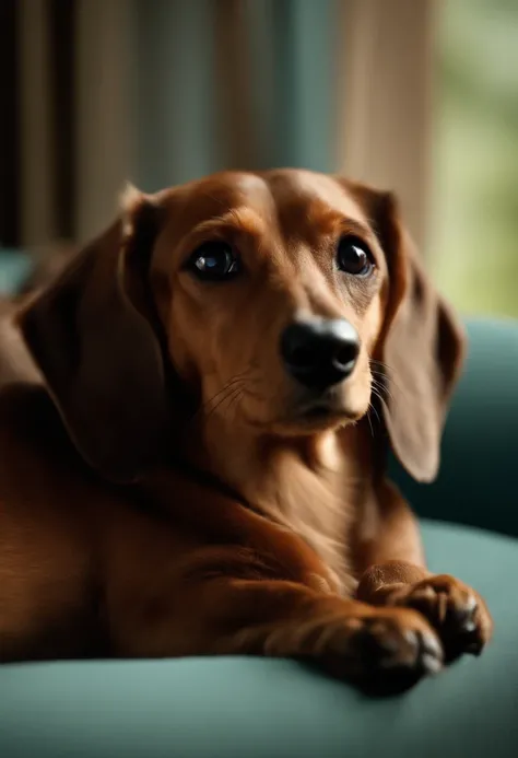 (La mejor calidad,Altas Resoluciones),(realista:1.37),Dachshund on the couch,mirando hacia un lado,ojos detallados,Escena de la sala de estar,Soft and cozy lighting,raza de perro: Dachshund,Textura de pelaje aterciopelado,Warm, earthy tones,Ambiente relaja...