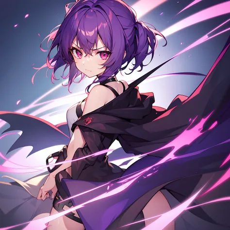 one girl, short purple hair, better shadows, better light, better facial detail, red eyes, portrait, very angry, devil smile.