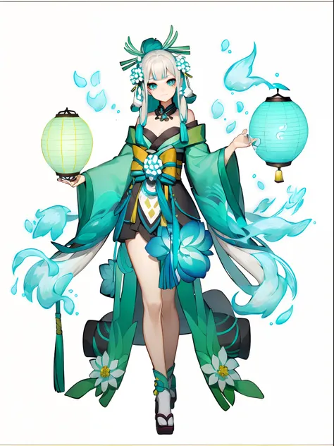 (1 rapariga), (独奏), Full body standing painting, Clear facial features, (whaite hair，hair adornments，Bow knot，sitted，The cyan lantern floats), Simple line design, (( ukiyo-style, character  design)), Zephyr elements, Onmyoji detailed art, Standing drawings...