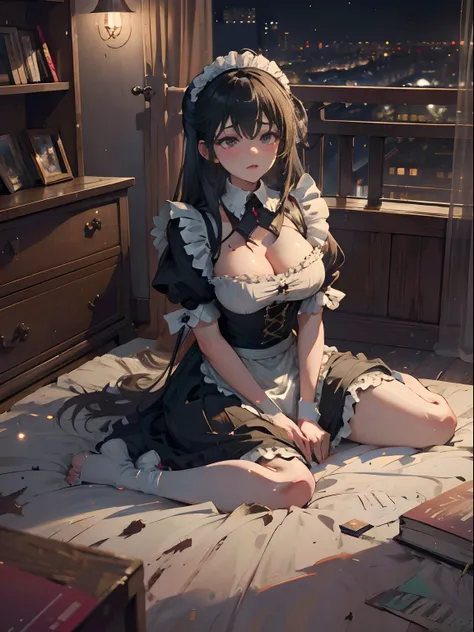 1girl huge large breasts，maid，the night，Bedrooms，anguished expression，messy outfit, Attractive，Sit on your knees，lone，dozing，A half body，(Super-High Resolution)，(Ultra-high sharpness)，​masterpiece，Best quality