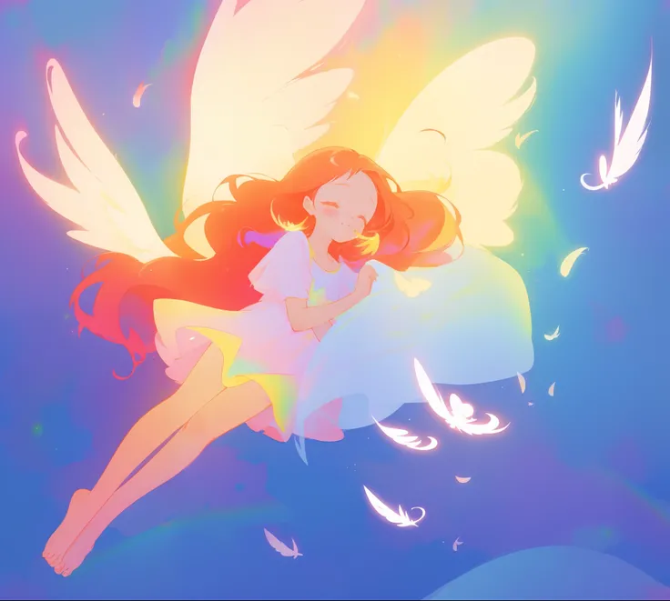 beautiful angel girl barefoot in shimmering long colorful dress, ((colorful angel wings)), vibrant pastel colors, long flowing red hair, colorful fantasia background, watercolor illustration, disney art style, beautiful digital illustration, beautiful, mas...