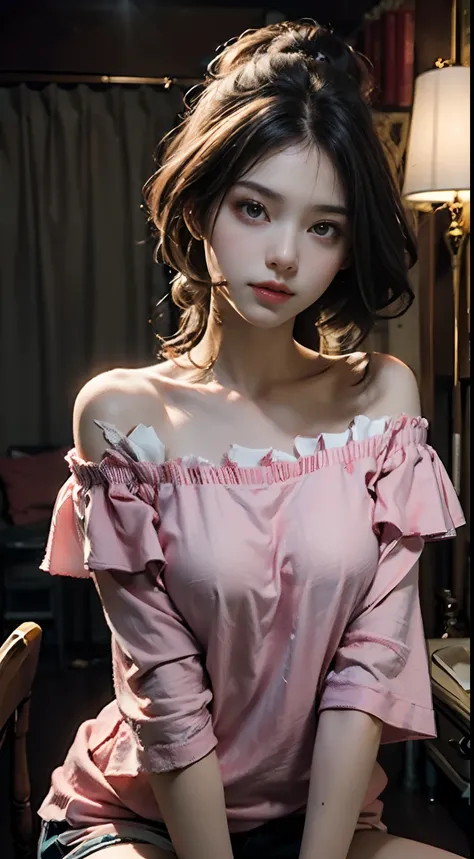 Best Quality, Masterpiece, Ultra High Resolution, (Realisticity: 1.4), Original Photo, 1girl, 23 years old:1.2, Pink Off-the-Shoulder, Cinematic Lighting