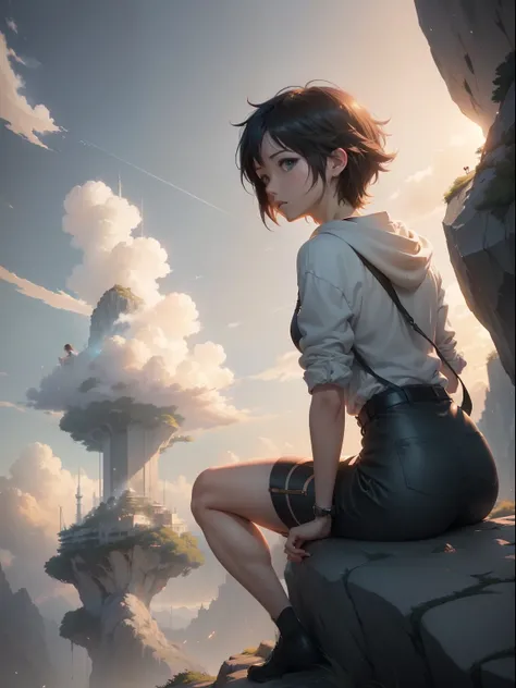 Anime girl sitting on rock looking at the sky,The distant Sky Piercing Tower, Makoto Shinkai Cyril Rolando, Anime art wallpaper 4 K, Anime art wallpaper 4k, cyril rolando and goro fujita, Anime art wallpaper 8 K, 4K anime wallpaper, Anime wallpaper 4 k, An...