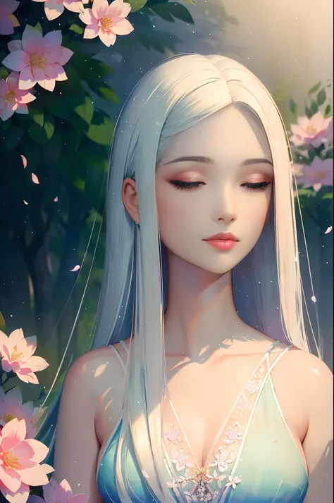 (best quality,high resolution,illustration,longeyelashes,tranquil garden,soft lighting,misty atmosphere,magical world,intricate details,gentle smile,summer breeze,happy atmosphere,dewy skin,flowing garments,blooming flowers,joyful notes,natural portrait,pl...