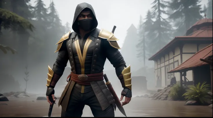 um homem com roupa de couro, standing in the rain, Personagem de Mortal Kombat, imagem de um guerreiro masculino adulto, Mortal Kombat 11, postura intimidadora, indian, Traje de guerreiro, personagem de jogo de luta, Nightwolf, usando armadura assassina de...