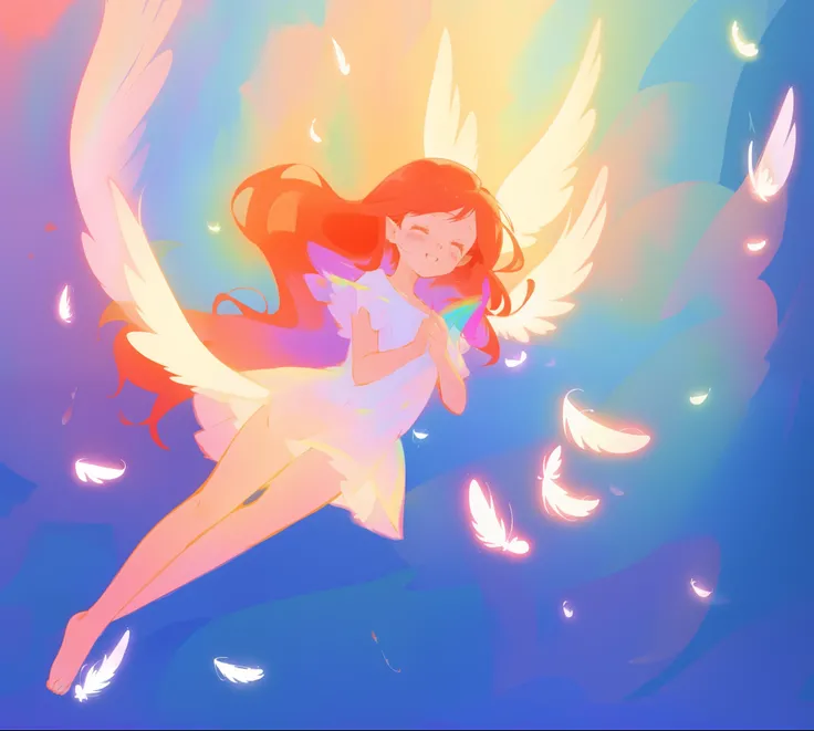 beautiful angel girl barefoot in shimmering tutu dress, ((colorful angel wings)), vibrant pastel colors, long flowing red hair, colorful fantasia background, watercolor illustration, disney art style, beautiful digital illustration, beautiful, masterpiece,...