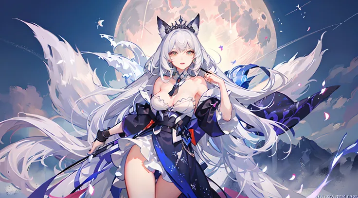 masterpiece, best quality, 8k quality, ultra detailed, a dark skin moon goddess with nine fox tails, beautiful, sexy, white hair, attractive bust, thick thighs, detailed hands, 8k quality, wearing a moon tiara, silk covered bust, no nudes, eyes that shine ...