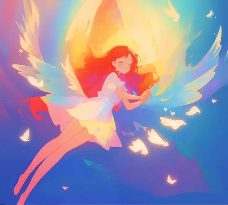 beautiful angel girl in white flowing dress, ((colorful angel wings)), vibrant pastel colors, long flowing red hair, colorful fantasia background, watercolor illustration, disney art style, beautiful digital illustration, beautiful, masterpiece, best quali...