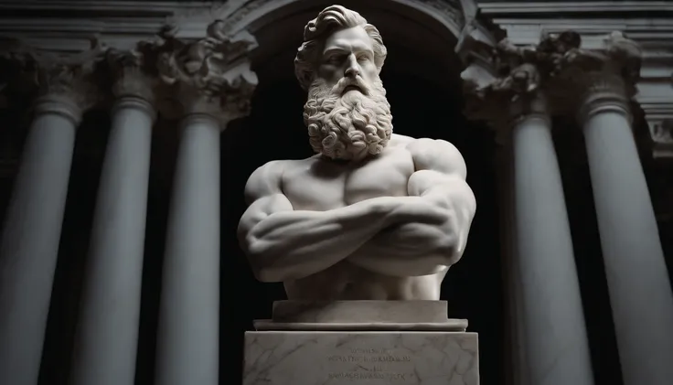 A white marble statue of a muscle, Bearded man with a stern look in a dark square at night, in the style of photographers Annie Leibovitz and Peter Lindbergh.