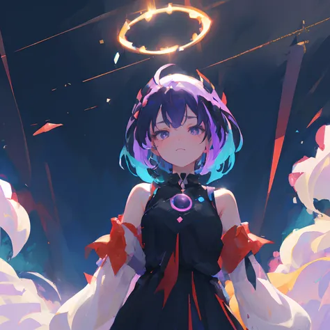 masterpiece, best quality, dreamwave, aesthetic,  1girl, solo, white dress,Blue hair, purple hair, smug, short hair