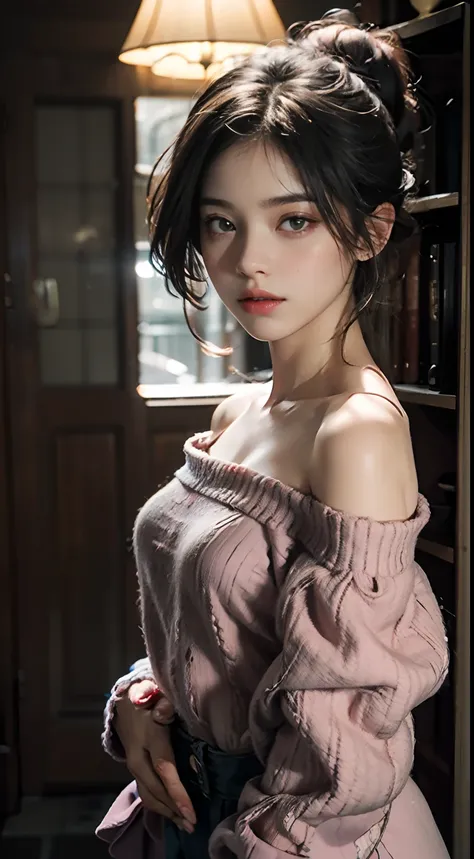 Best Quality, Masterpiece, Ultra High Resolution, (Realisticity: 1.4), Original Photo, 1girl, 23 years old:1.2, Pink Off-the-Shoulder, Cinematic Lighting