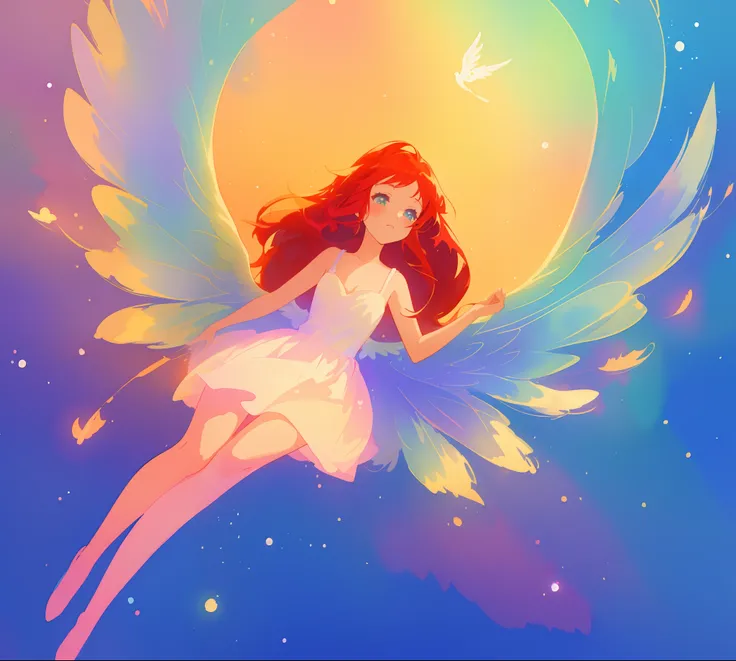 beautiful angel girl in white flowing dress, ((colorful angel wings)), vibrant pastel colors, long flowing red hair, colorful fantasia background, watercolor illustration, disney art style, beautiful digital illustration, beautiful, masterpiece, best quali...