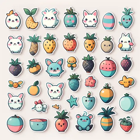 Individual stickers， 1sticker， （Christmas），（toys），  white background， nothing background， simple background， dk， adorable， pastel colour， vectorstyle， no gradient，Refinement。Various fruits，All kinds of cute animals