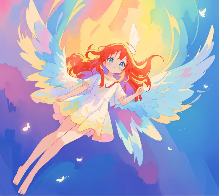 beautiful angel girl barefoot in shimmering long colorful dress, ((colorful angel wings)), vibrant pastel colors, long flowing red hair, colorful fantasia background, watercolor illustration, disney art style, beautiful digital illustration, beautiful, mas...