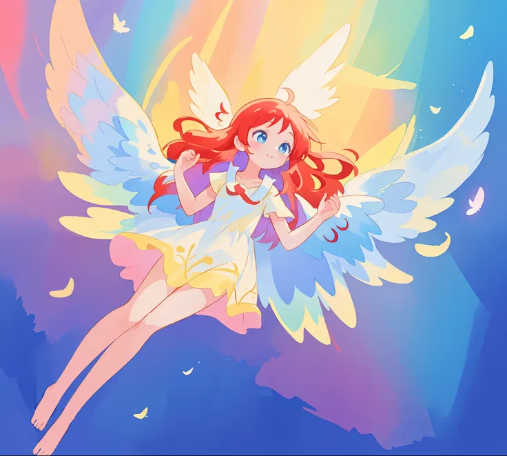 beautiful angel girl barefoot in shimmering long colorful dress, ((colorful angel wings)), vibrant pastel colors, long flowing red hair, colorful fantasia background, watercolor illustration, disney art style, beautiful digital illustration, beautiful, mas...