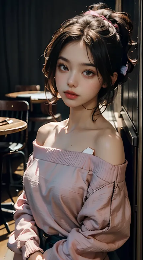 Best Quality, Masterpiece, Ultra High Resolution, (Realisticity: 1.4), Original Photo, 1girl, 23 years old:1.2, Pink Off-the-Shoulder, Cinematic Lighting