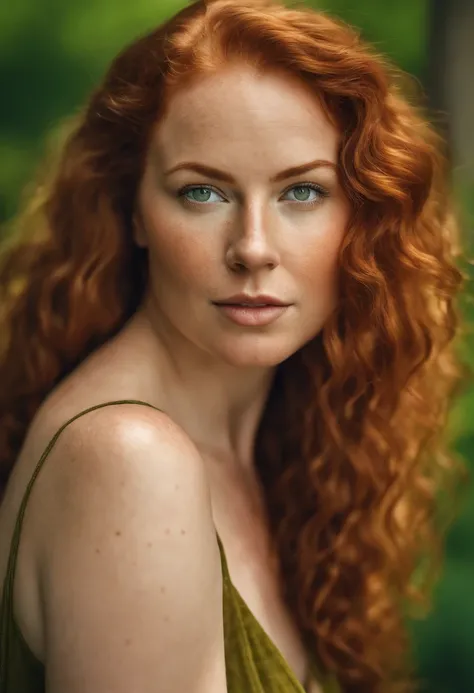 photo of beautiful age 34 woman, plus size, curvy, curly ginger hair, long hair, freckles all over, green eyes, sexy, cute, young, dslr, 8k, 4k, ultrarealistic, realistic, natural skin, textured skin, naked