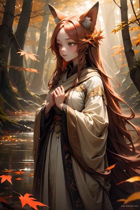 beautiful detailed fox girl, sad expression, long flowing hair, captivating eyes, delicate features, standing alone in a mysterious forest, wearing a flowing dress, surrounded by vibrant autumn leaves, soft sunlight illuminating her, with a sense of melanc...