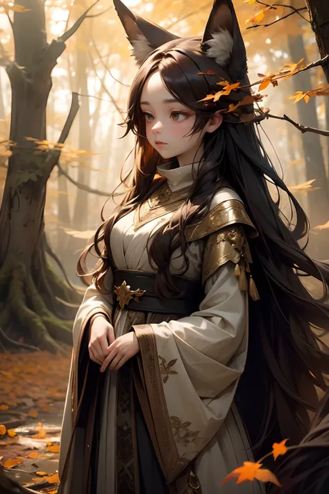 beautiful detailed fox girl, sad expression, long flowing hair, captivating eyes, delicate features, standing alone in a mysterious forest, wearing a flowing dress, surrounded by vibrant autumn leaves, soft sunlight illuminating her, with a sense of melanc...