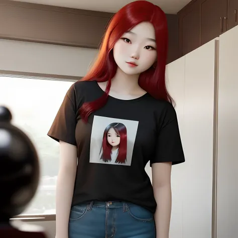 pale teen cute asian girl with black and red hair wearing cute brown shirt and light mmom jeans real realistic