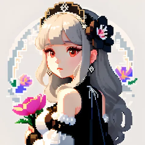 She was dressed like an ornate jewel,large earring、Lots of flowers、 Gothic White、Colorful Floral Decoration Costume、Girl with dull grey long S-shaped curls、Look back and look at this.、Pixel art、Pixel Art Illustration、pixels、Plain background、Upper body、For ...