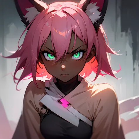 dark skin, 1girl, hd++, best quality, best shadows, best light, neon green eyes, fox ears, peach-pink color hair, short hair, icon, portrait, angry, detailed eyes, beautiful, gloomy atmosphere.