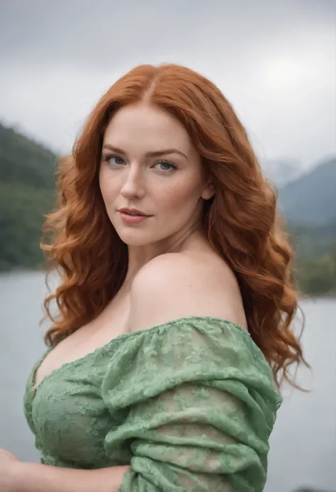 photo of beautiful age 34 woman, plus size, curvy, curly ginger hair, long hair, freckles all over, green eyes, sexy, dslr, 8k, 4k, ultrarealistic, realistic, natural skin, textured skin, naked, fantasy