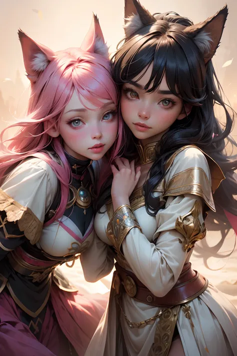 (best quality, highres, realistic:1.37), 2girls with wolf ears, detailed eyes and face, long eyelashes, cute outfits, playful poses, colorful background, soft lighting, anime style, vibrant colors, fantasy setting