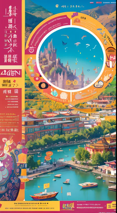 Rich and colorful Yunnan food culture、traditionalcostumes、Unique architecture、Ethnic motifs、Dynamic traffic、Vibrant colors、exquisite detailing、high-resolution illustrations、textures true to reality、Linear poster illustration style with ethereal lighting，Li...