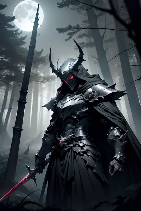 (best quality,highres,ultra-detailed),(dark,ominous,creepy) Nightmare Knight, gleaming menacingly in the moonlit darkness, stalks through a sinister, mist-filled forest. His ebony armor emits an eerie glow, reflecting the pale light of the full moon. With ...