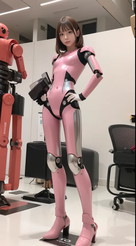 Robot Girl, pink there, Silver, Metallic body, Robot Parts, Metal Parts, Super Detailed Face, Super well-formed face, of the highest quality, a small face, small head, Brown hair, Slender body, Camera gaze, Internal Mechanical Exposure, Idol, front facing,...