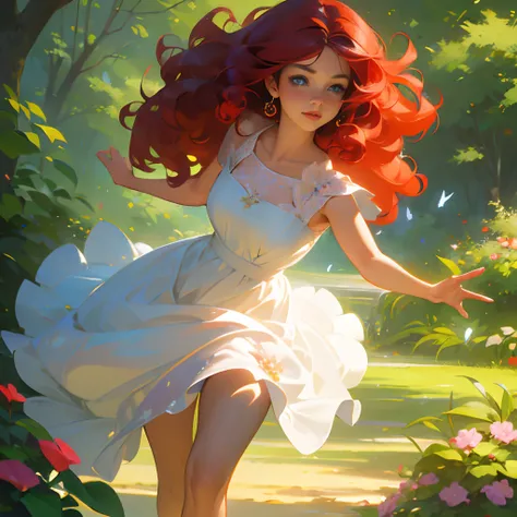 (best quality,highres,ultra-detailed,realistic:1.2),red-haired beautiful girl with fair skin,piercing blue eyes,soft rosy lips,delicate features,flowing curly hair,freckles on her cheeks,looking confident and elegant,fashionably dressed in a floral summer ...