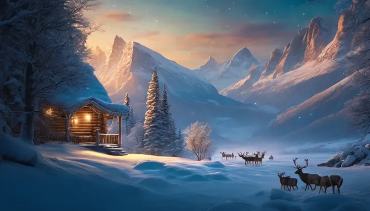 Fantasyart, Best Quality,hight resolution,(masutepiece:1.2),Ultra-detailed,Reindeer in the foreground,Multiple reindeer,Beautiful aurora borealis in jade color, Mysteriously shining aurora borealis,Snow-capped mountains towering in the background々, Two-sto...