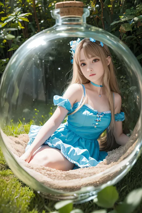 "Alice in Wonderland",European Female,Alice from Wonderland glass bottle,Alice in the glass bottle,Alice trapped in a glass bottle,Alice shrinking in a glass bottle,glass material,thick glass,transparent glass,bottle reflection,bottle lighting,glass textur...