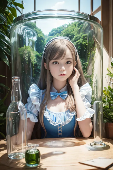 "Alice in Wonderland",European Female,Alice from Wonderland glass bottle,Alice in the glass bottle,Alice trapped in a glass bottle,Alice shrinking in a glass bottle,glass material,thick glass,transparent glass,bottle reflection,bottle lighting,glass textur...