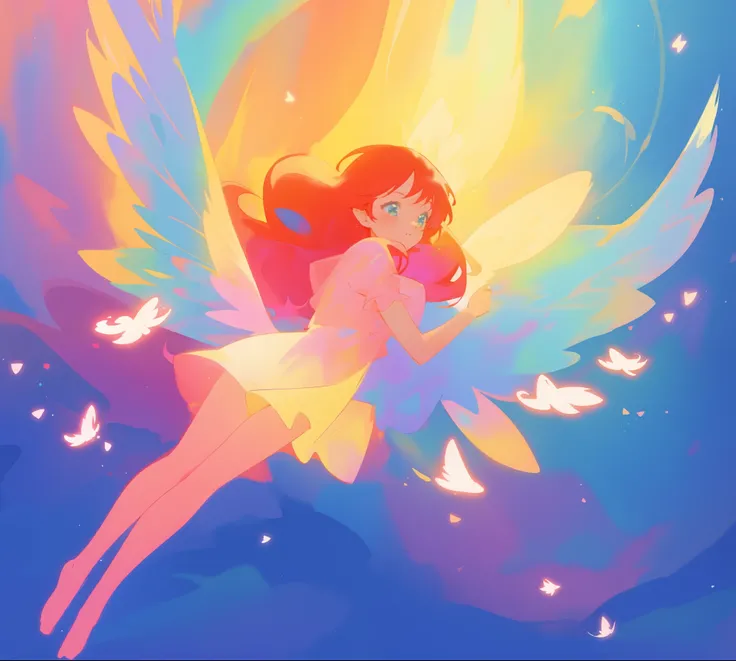 beautiful angel girl in colorful shimmering puffy dress, ((colorful angel wings)), vibrant pastel colors, long flowing red hair, colorful fantasia background, watercolor illustration, disney art style, beautiful digital illustration, beautiful, masterpiece...