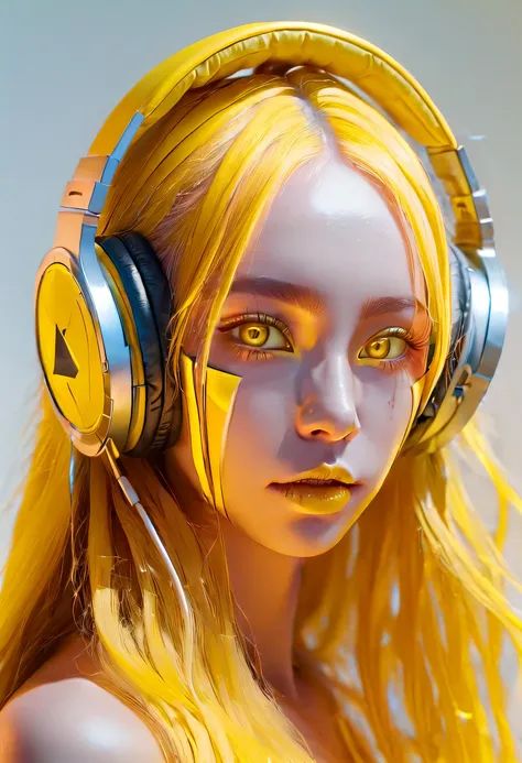 girl with long yellow hair, yellow eyes, futuristic vibes, mask on mouth, headphones, 8k, high quality, simple background, glowi...